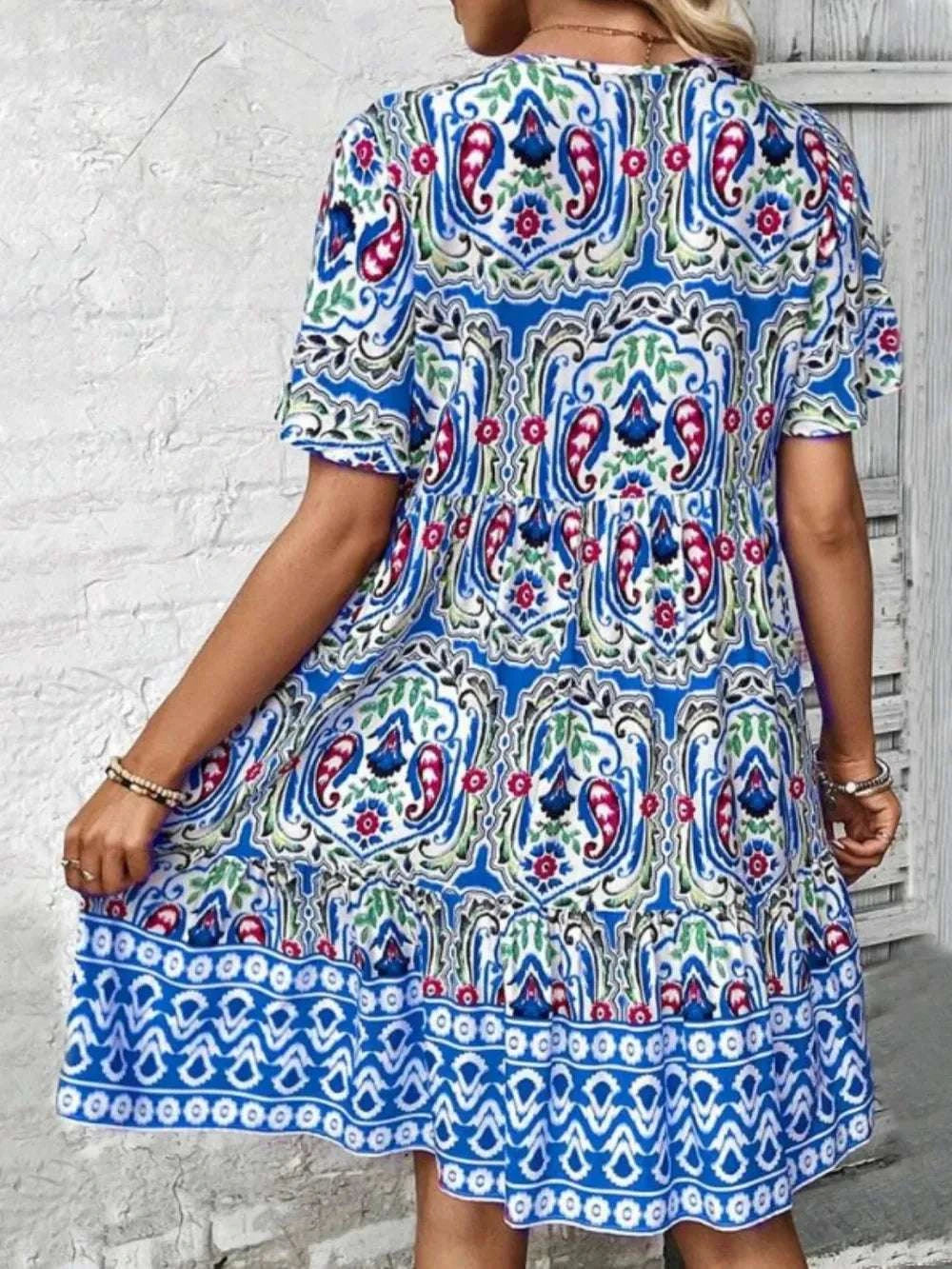 Printed Tie Neck Short Sleeve Dress WESTCLOSET