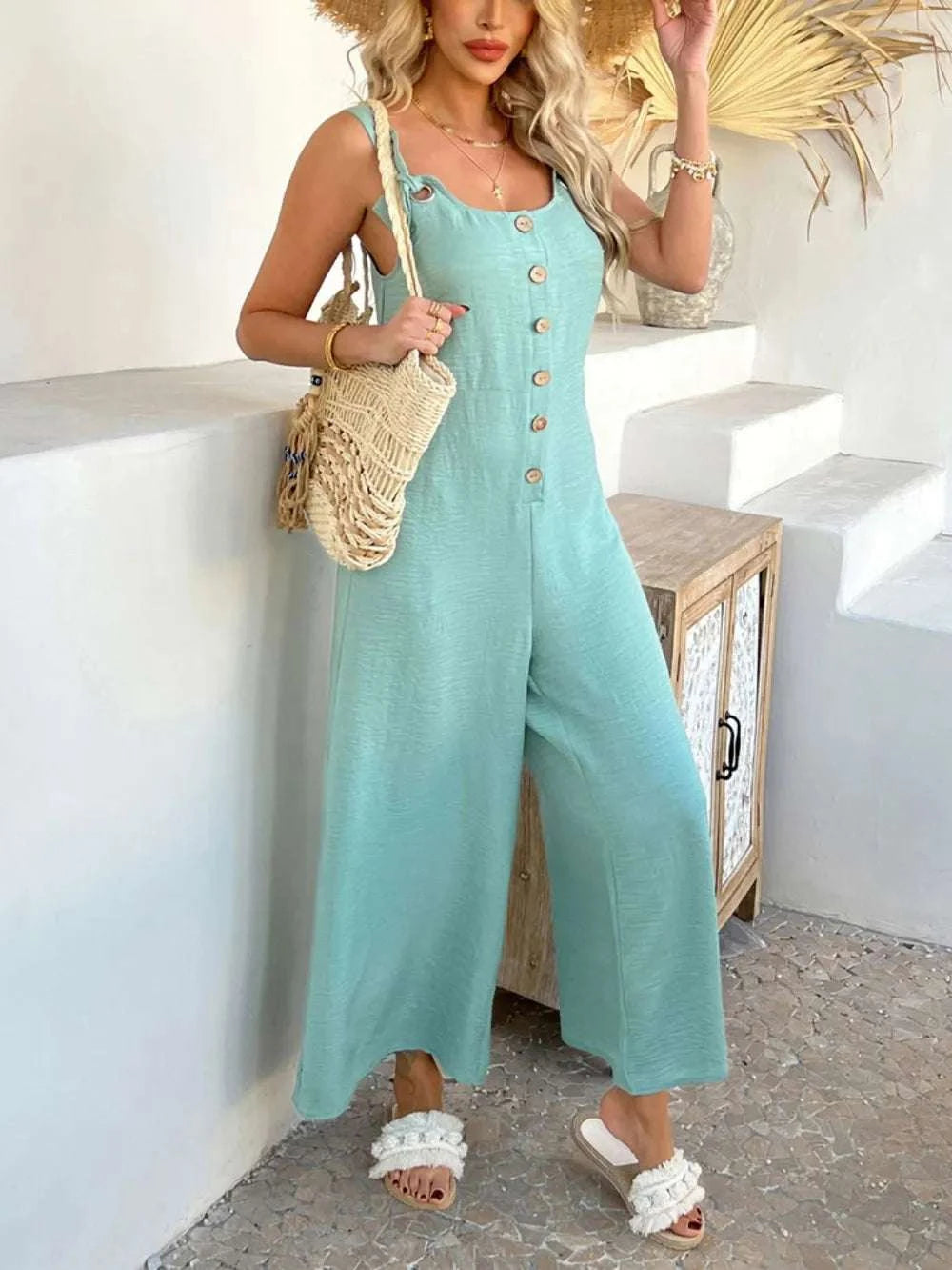 Devine Button Front Knotted Strap Wide Leg Jumpsuit WESTCLOSET