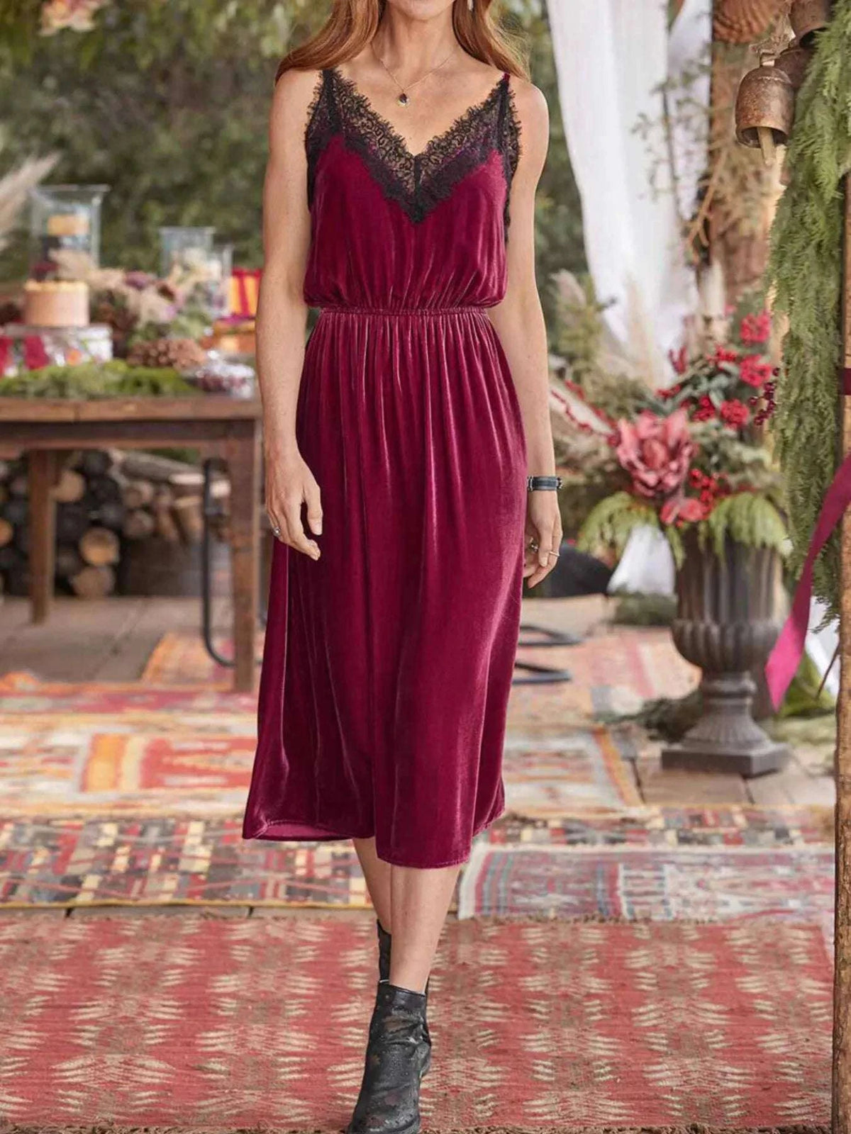 Velvet Cami Lounge Dress with Lace Trim WESTCLOSET