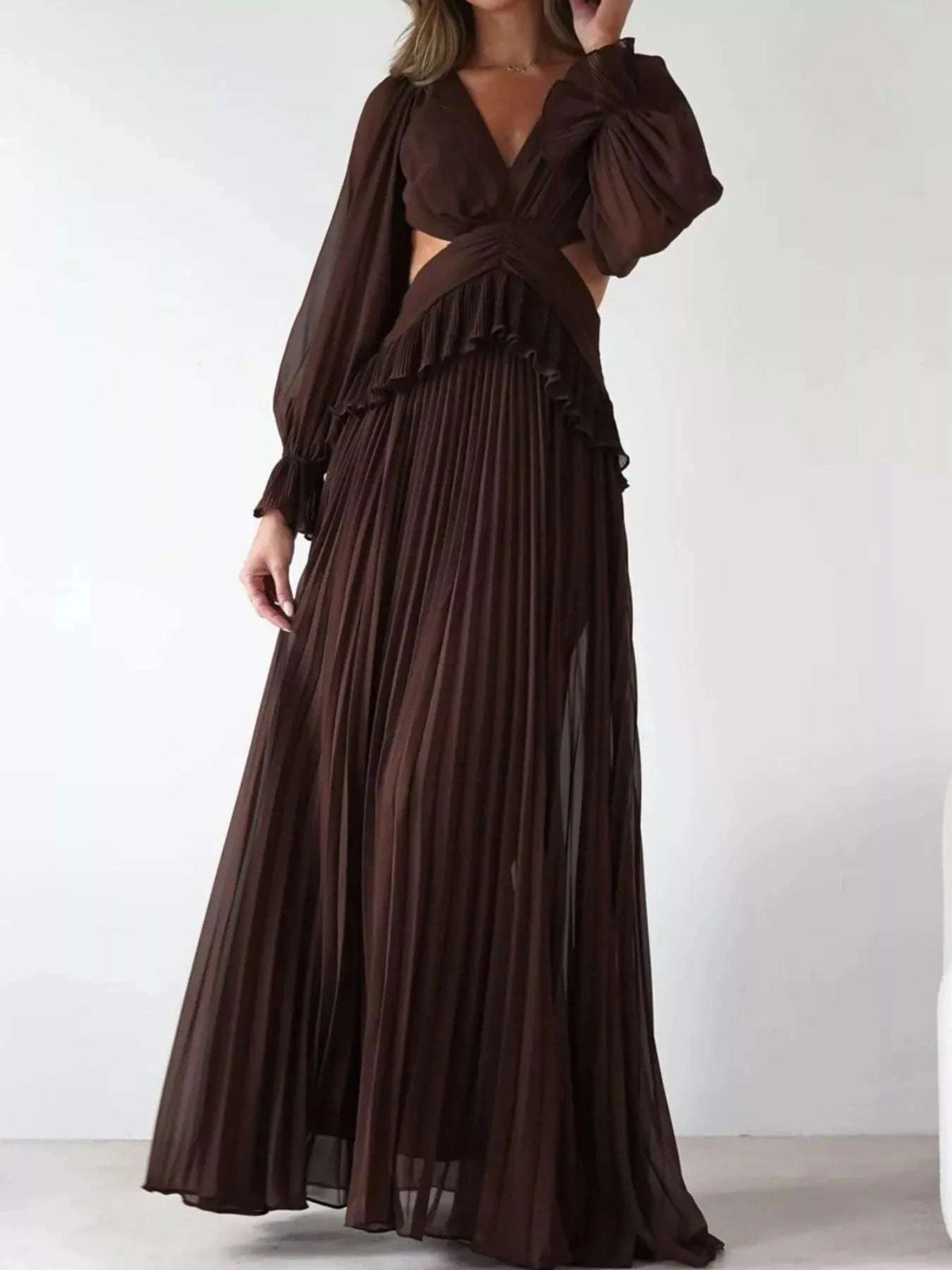 Backless Pleated Long Sleeve Maxi Dress WESTCLOSET