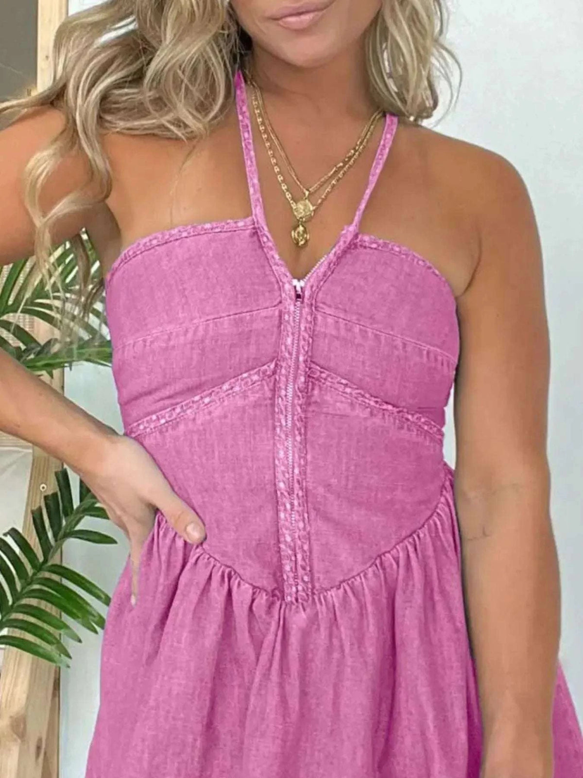 Full Size Lace Up Halter Neck Denim Dress Plus Size WESTCLOSET