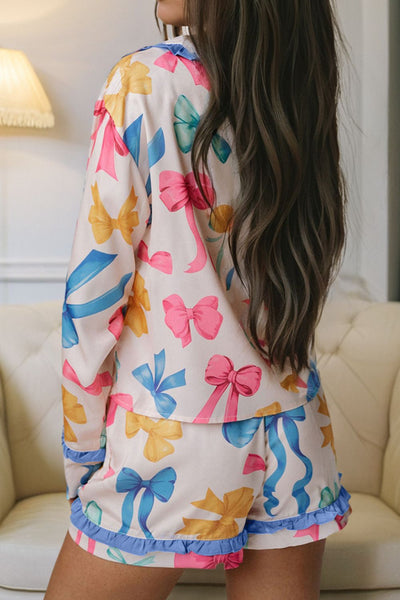 WestCloset Bow Print Collared Neck Top and Shorts Lounge Set 