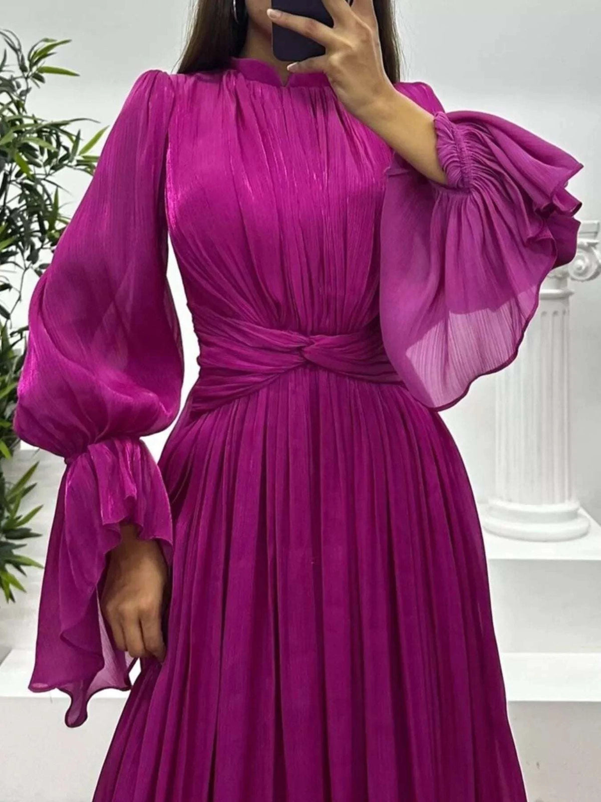Pleated Mock Neck Long Sleeve Maxi Dress WESTCLOSET