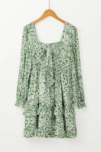 Ruffle Hem Floral Square Neck Long Sleeve Dress WESTCLOSET