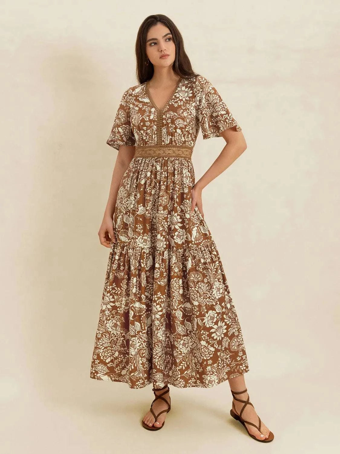 Lace Detail Printed Short Sleeve Midi Dress WESTCLOSET