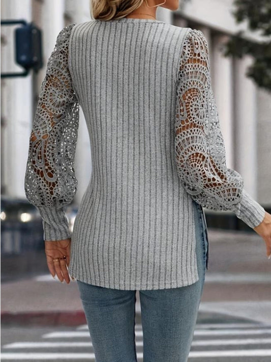 WestCloset Side Slit V-Neck Lace Long Sleeve T-Shirt 