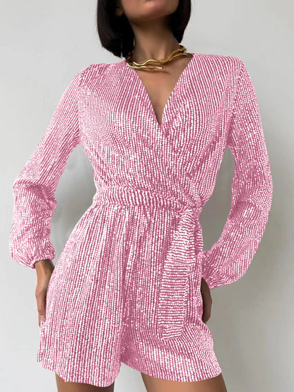 WestCloset Full Size Sequin Surplice Tie Waist Long Sleeve Romper 