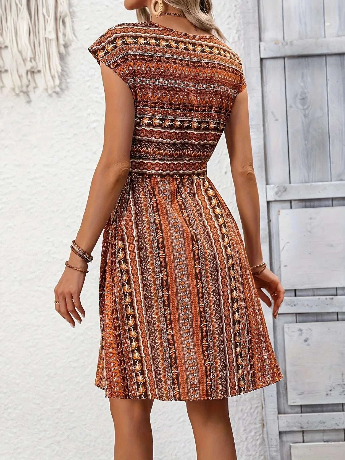 Printed Round Neck Cap Sleeve Dress WESTCLOSET