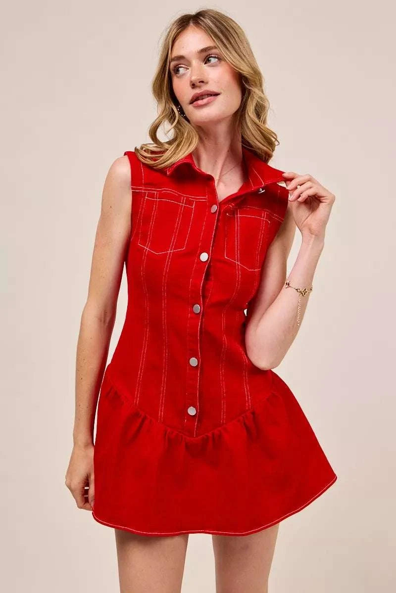 SO ME Button Down Sleeveless Collared Game Day Mini Dress WESTCLOSET