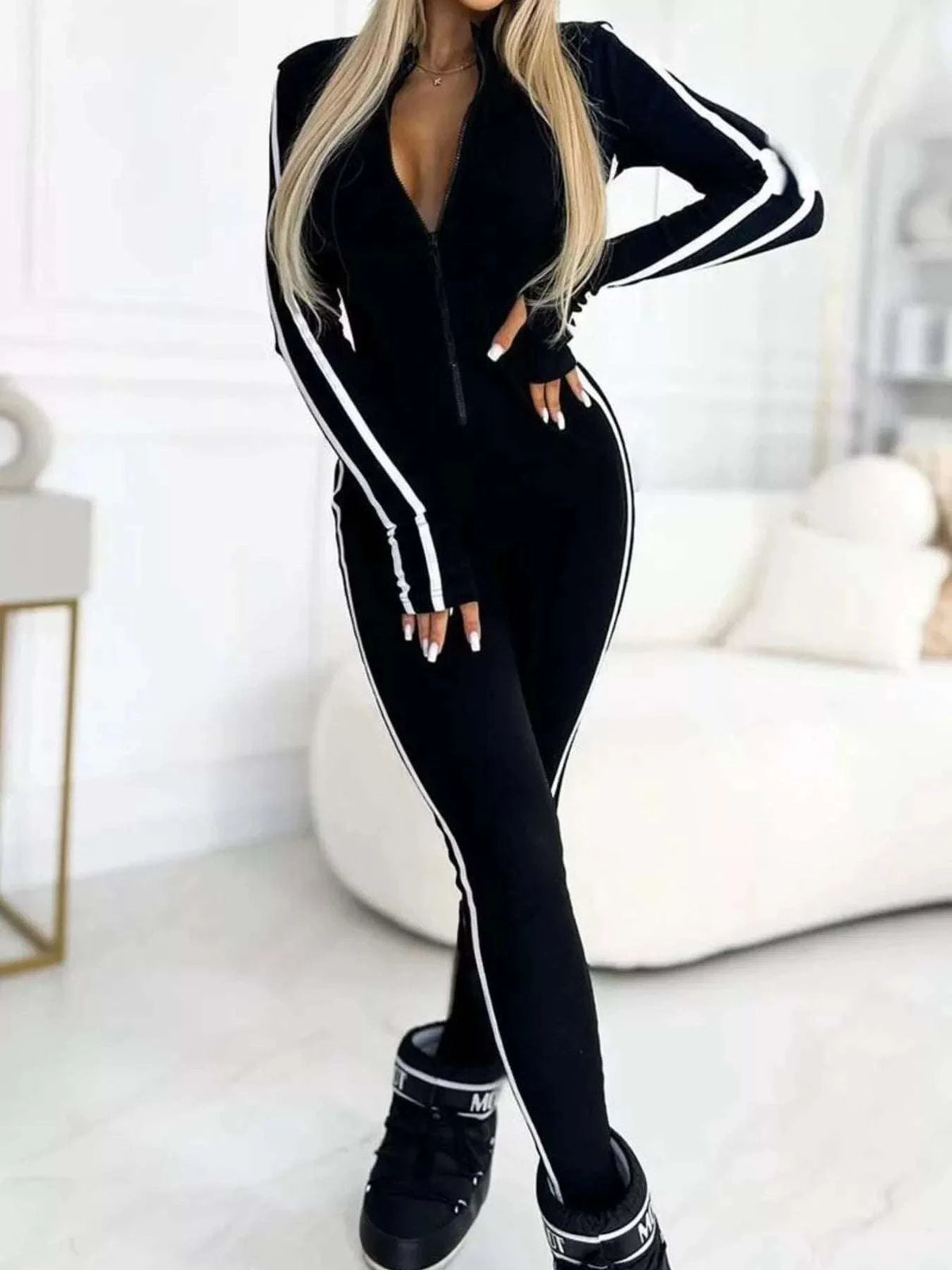 Full Size Stripe Zip-Front Long Sleeve Jumpsuit Plus Size WESTCLOSET