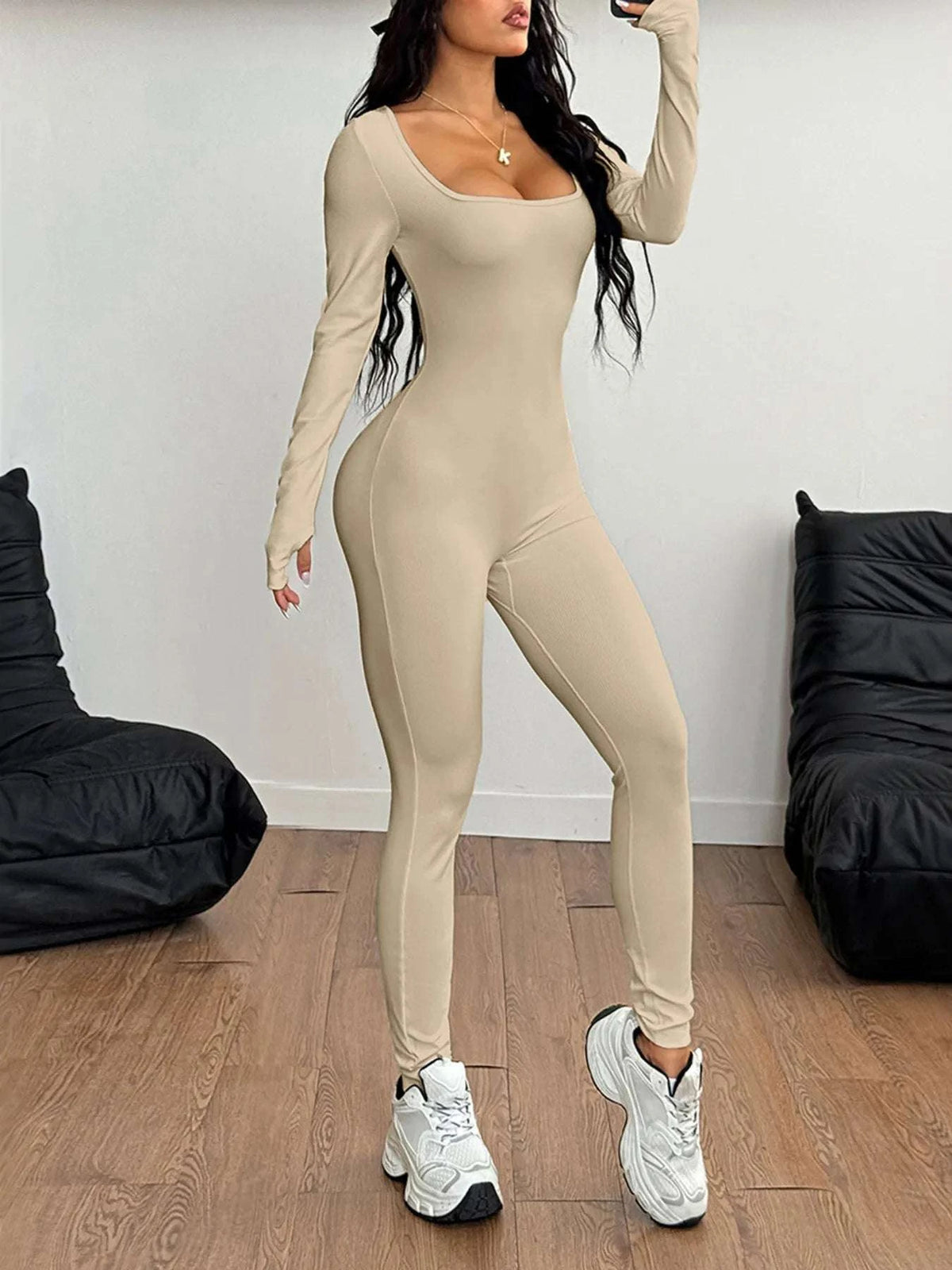 Square Neck Long Sleeve Active Jumpsuit WESTCLOSET