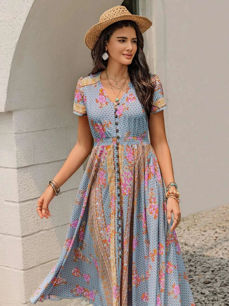 Smocked Floral V-Neck Short Sleeve Midi Dress WESTCLOSET