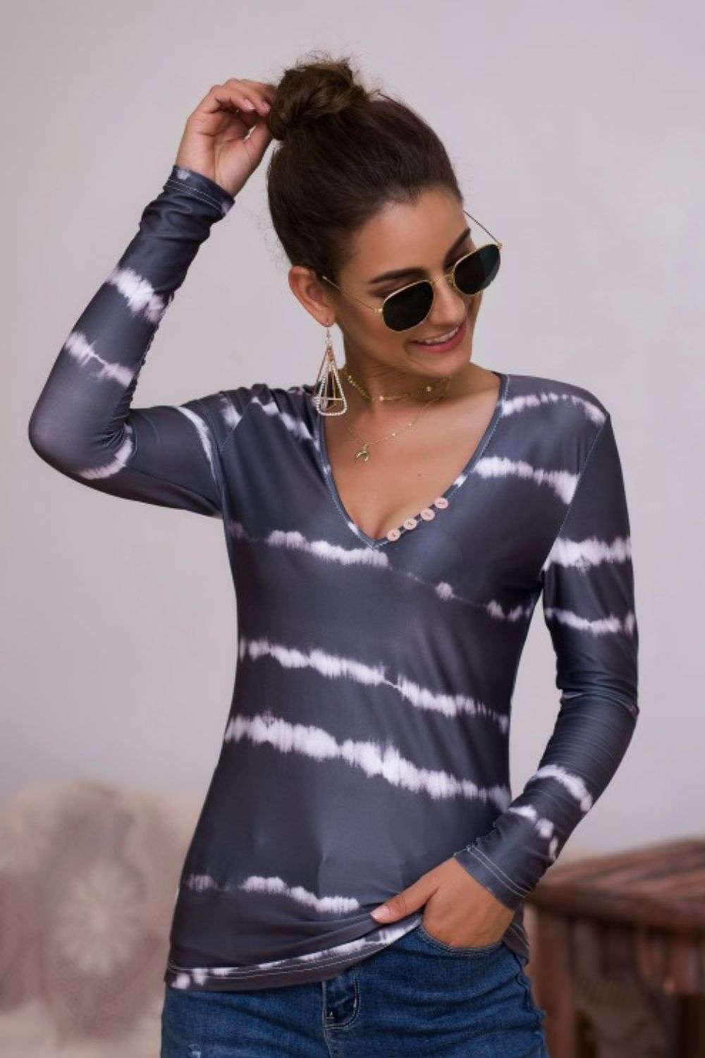 Tie-Dye Plunge Long Sleeve Top WESTCLOSET