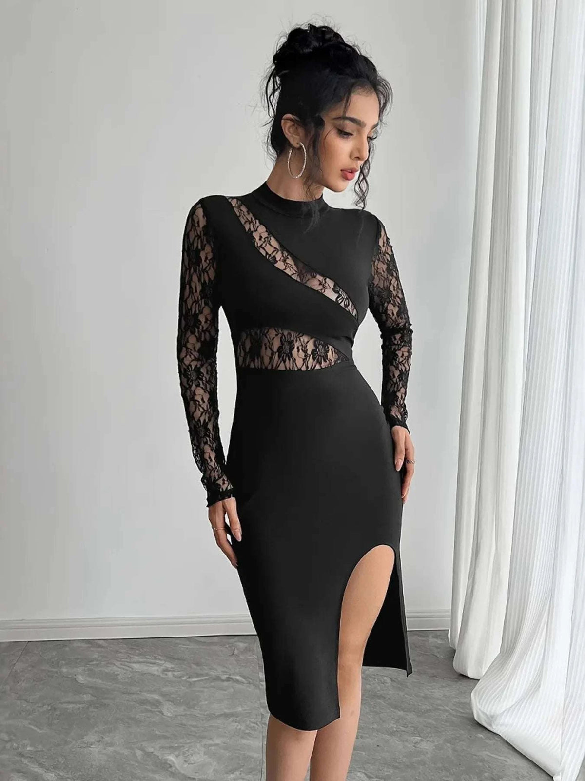 Lace Mock Neck Slit Dress WESTCLOSET