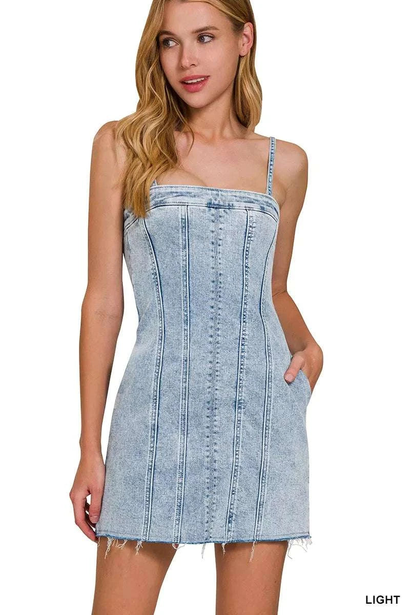 Zenana Spaghetti Strap Exposed Seam Light-Wash Dress WESTCLOSET