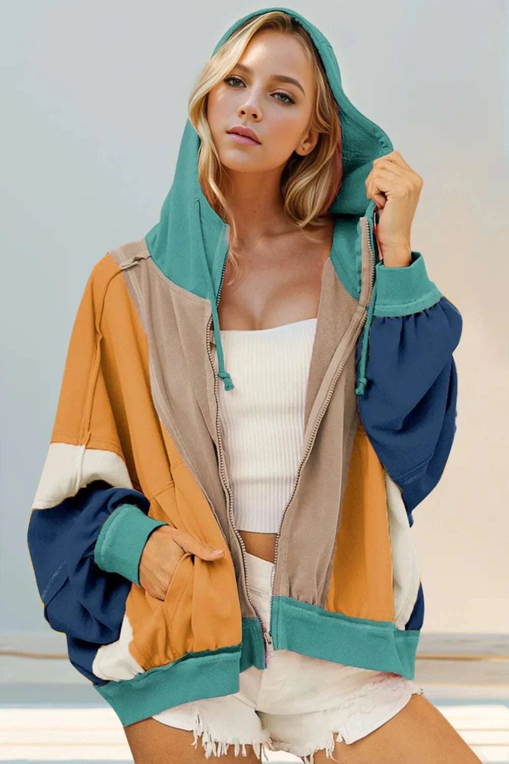 Double Take Full Size Color Block Zip Up Hoodie WESTCLOSET