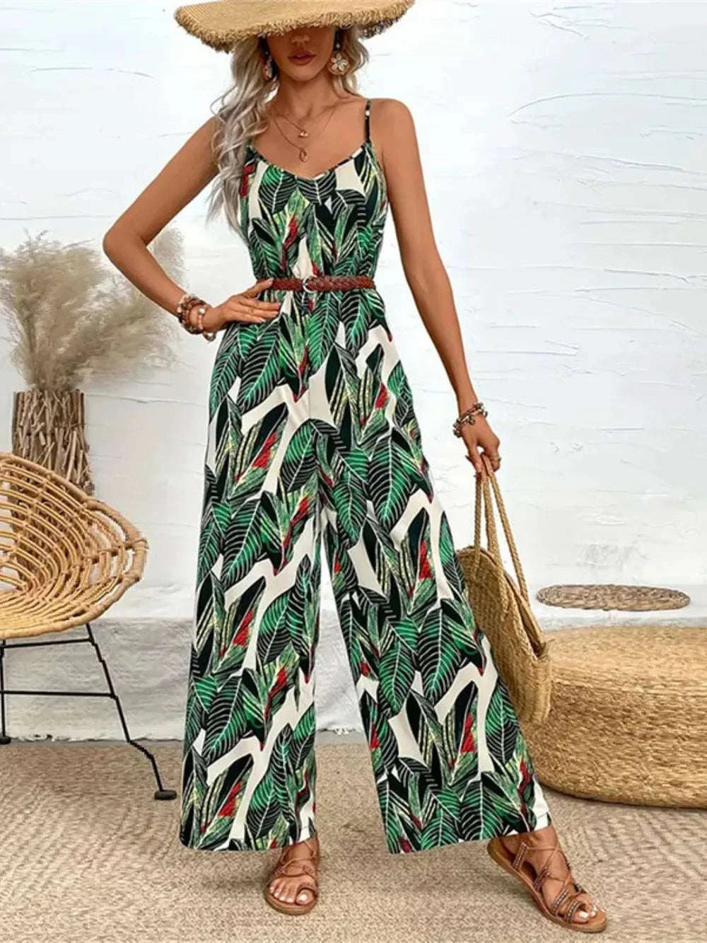 Tropical Print Spaghetti Strap Wide Leg Jumpsuit WESTCLOSET