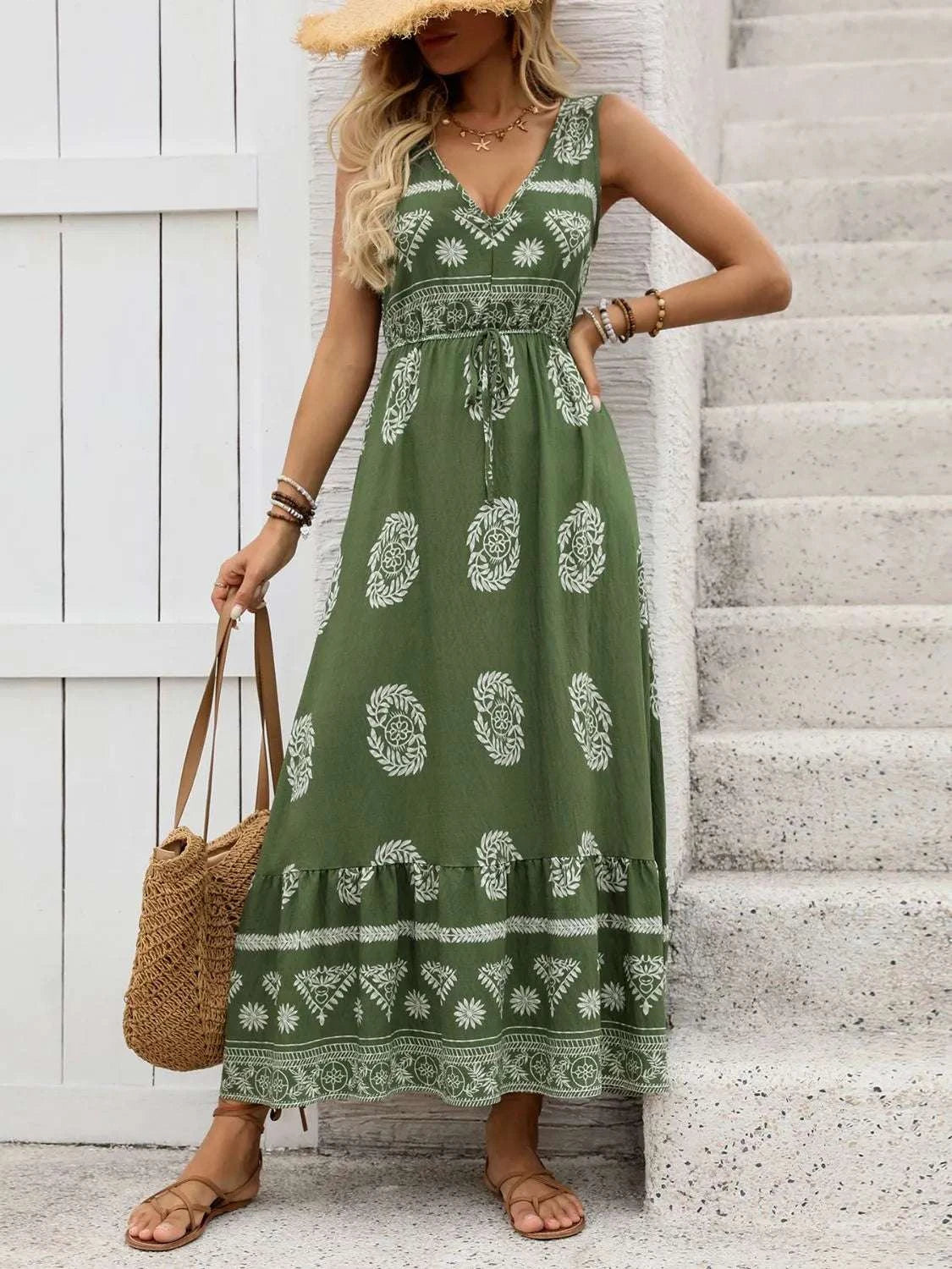 Printed V-Neck Sleeveless Dress WESTCLOSET