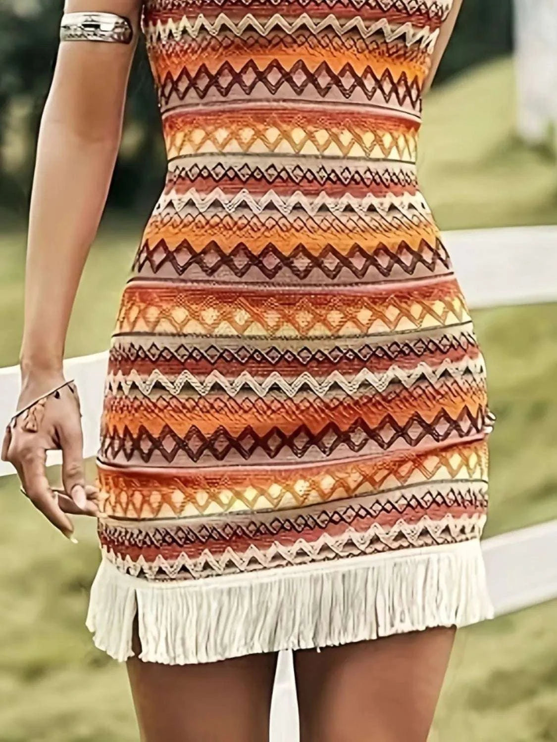 Fringe Grecian Neck Mini Dress WESTCLOSET