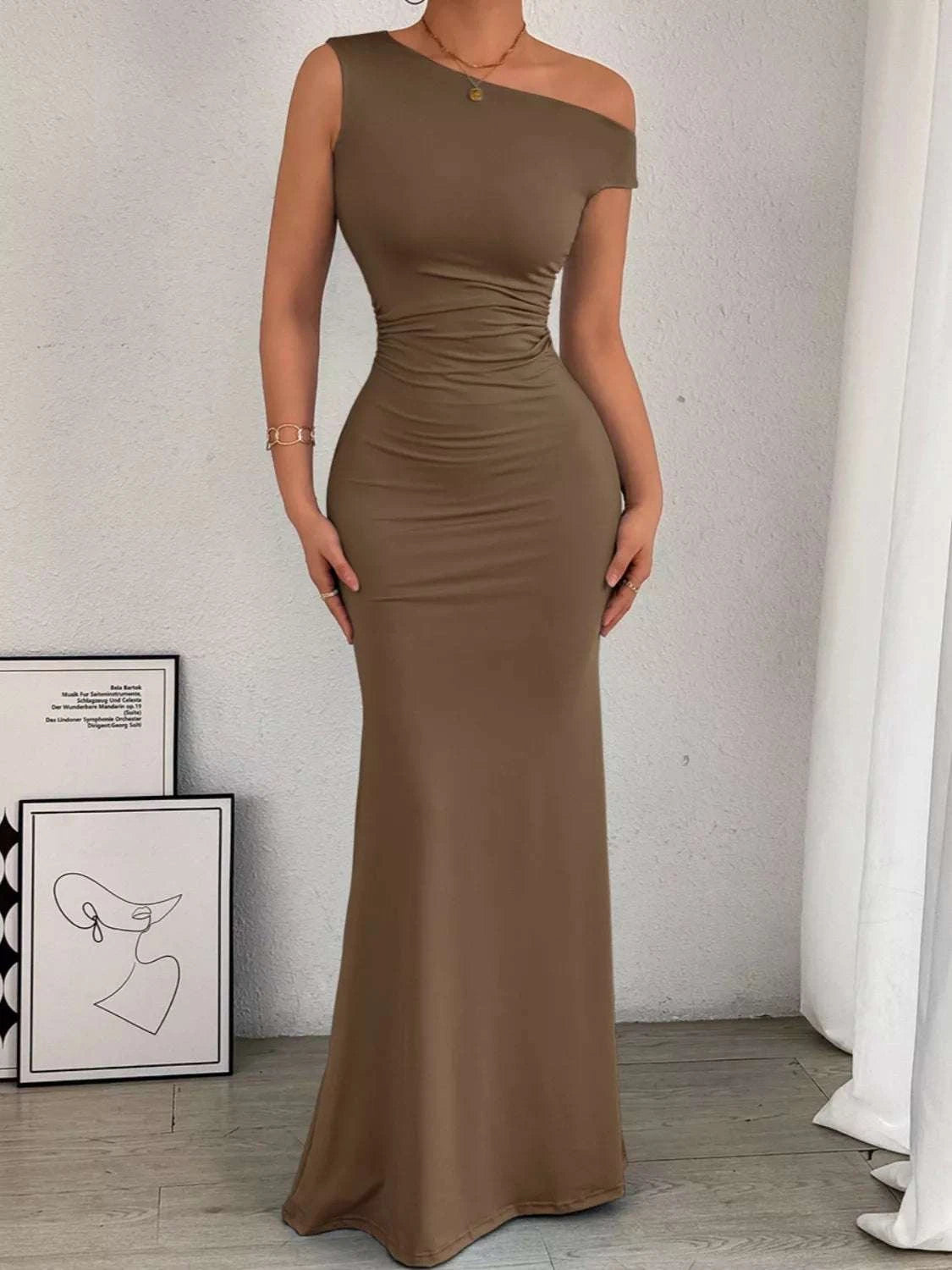 One-Shoulder Ruched Bodycon Maxi Dress WESTCLOSET