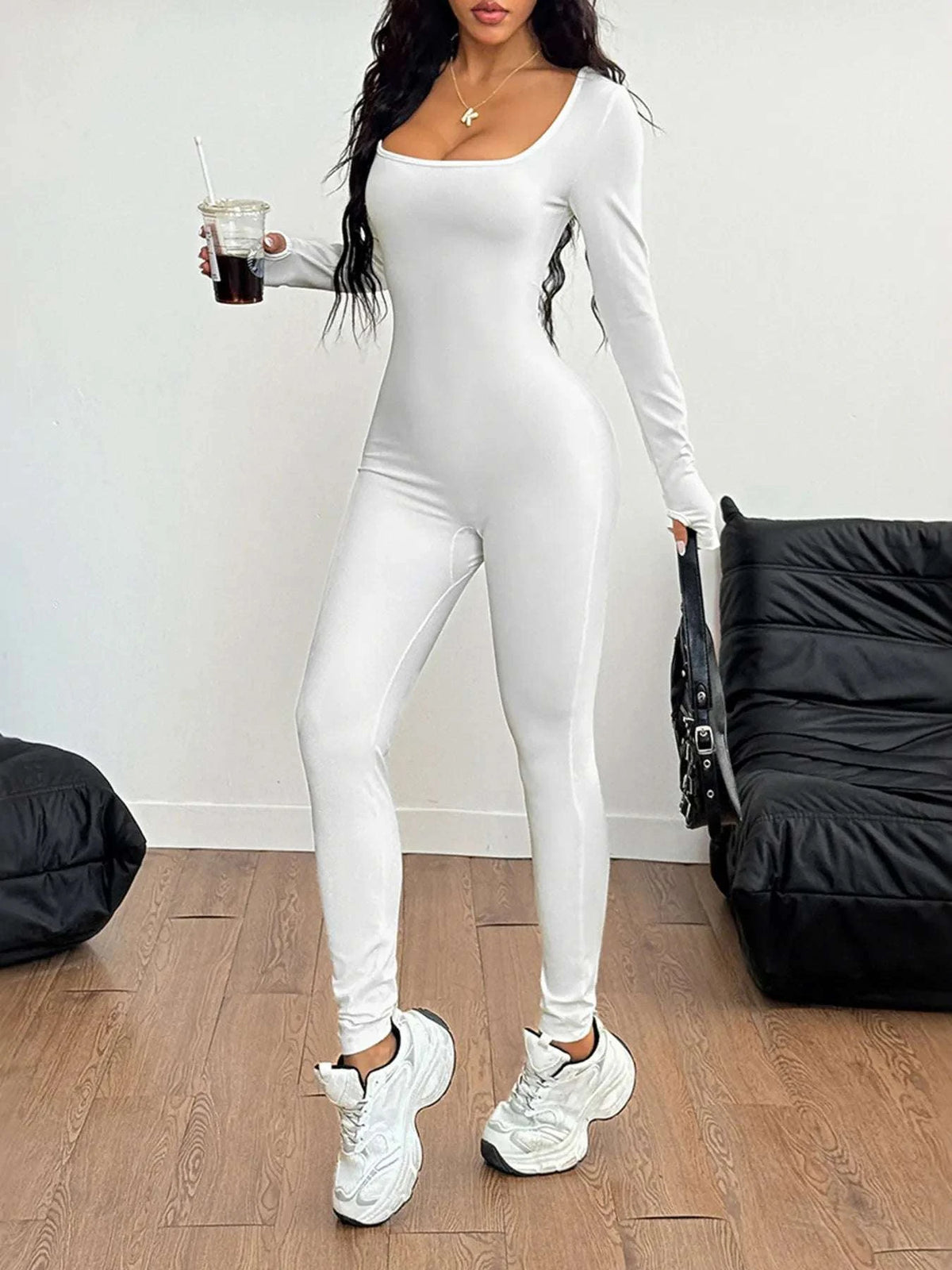 Square Neck Long Sleeve Active Jumpsuit WESTCLOSET