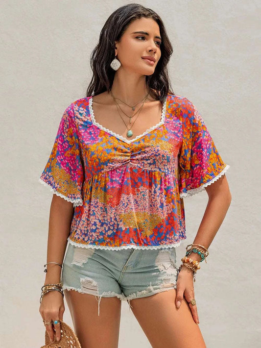 Ruched Printed Half Sleeve Blouse WESTCLOSET