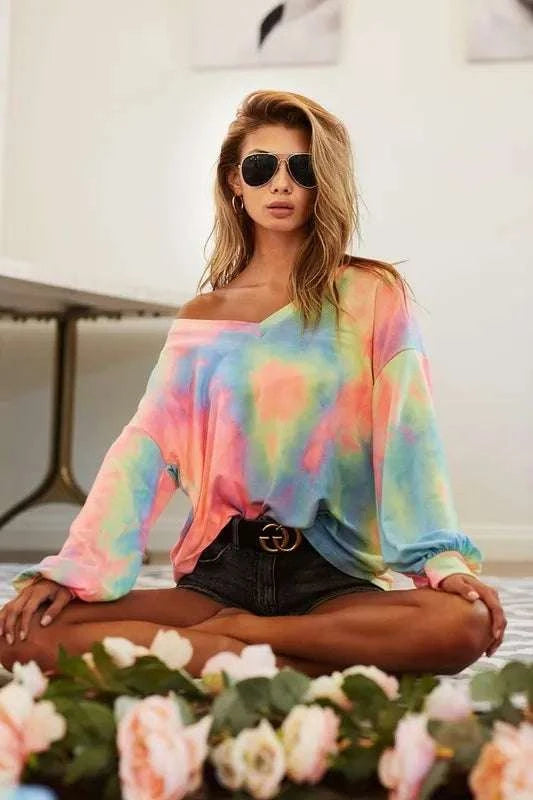 BiBi Tie Dye French Terry V Neck Top WESTCLOSET