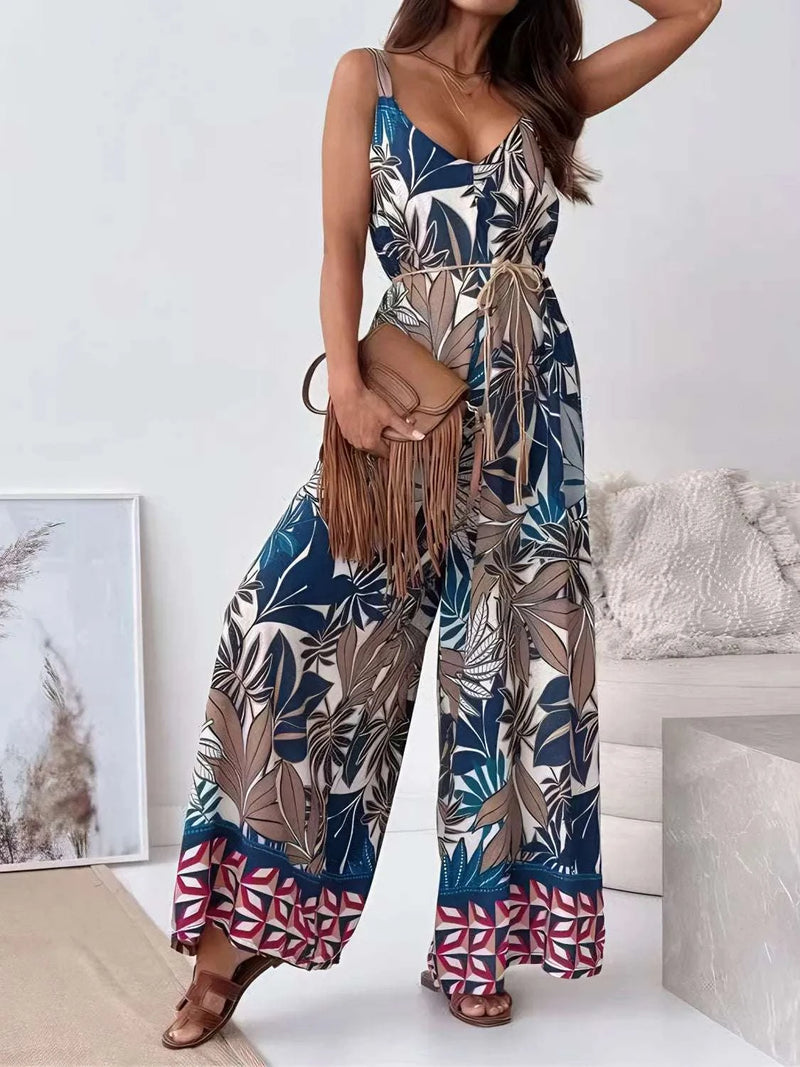 Printed V-Neck Wide Leg Jumpsuit WESTCLOSET