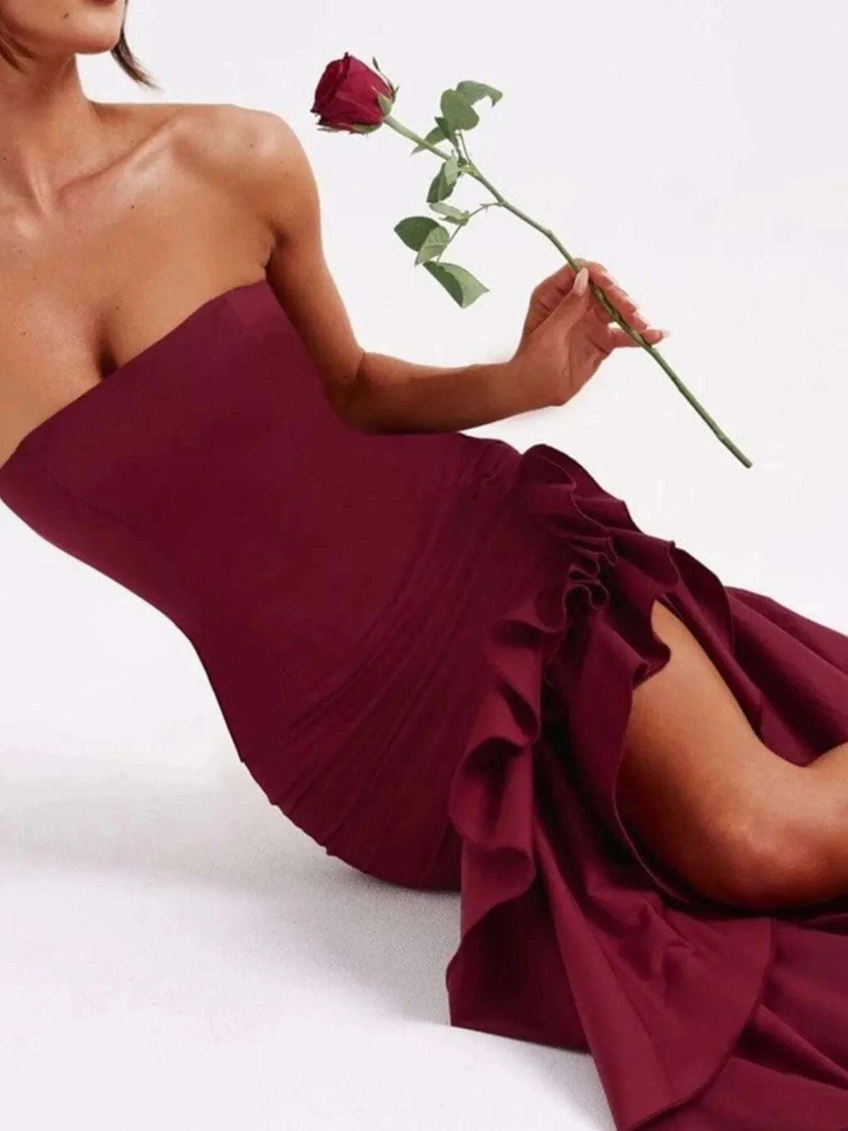 Strapless Ruffle High-Low Bodycon Dress WESTCLOSET