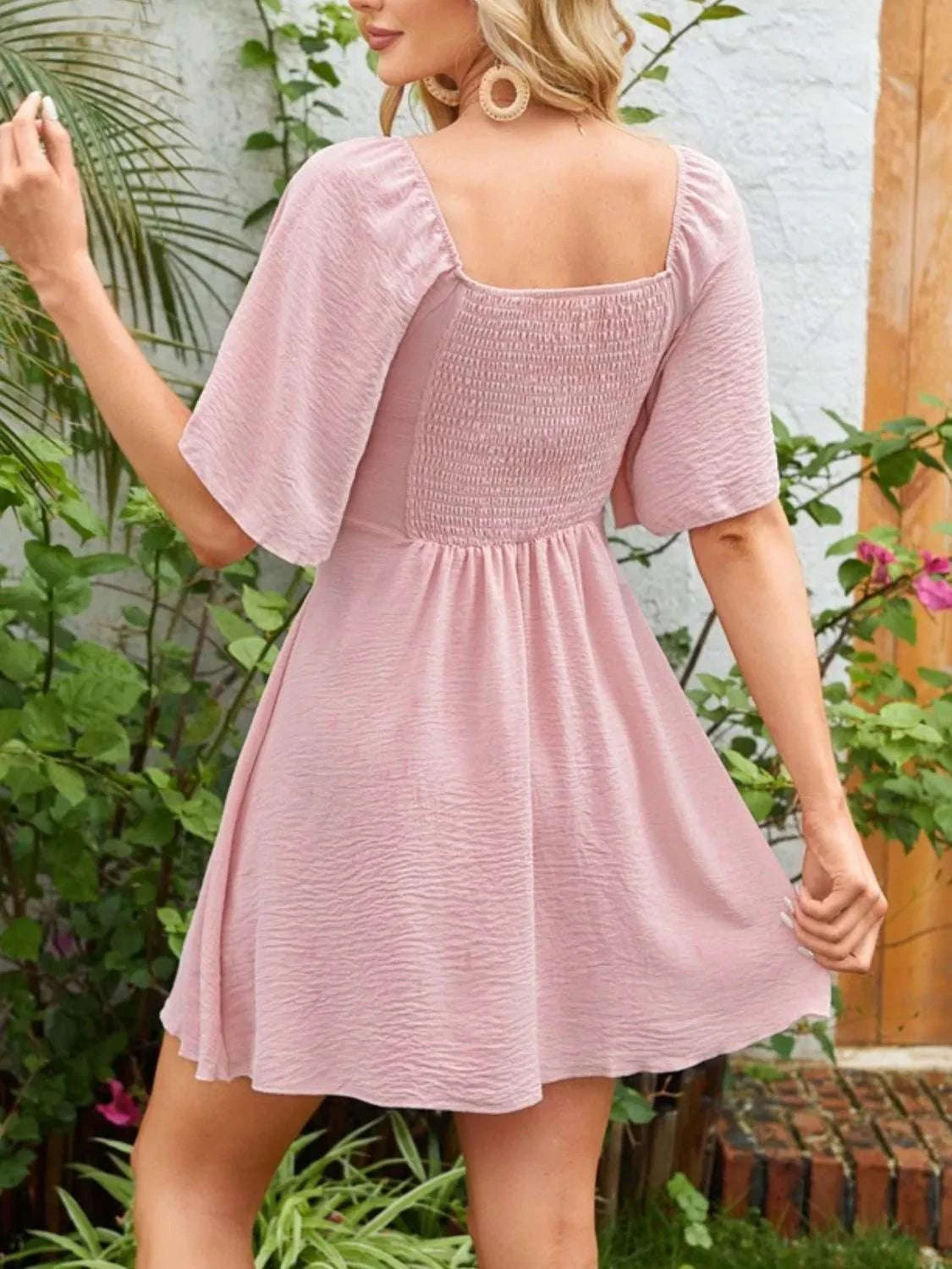 Smocked Back Knotted Flutter Sleeve Dress WESTCLOSET