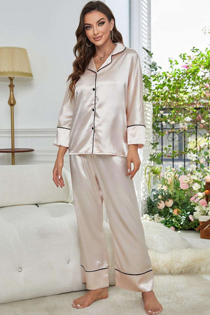 Contrast Piping Button-Up Top and Pants Pajama Set WESTCLOSET