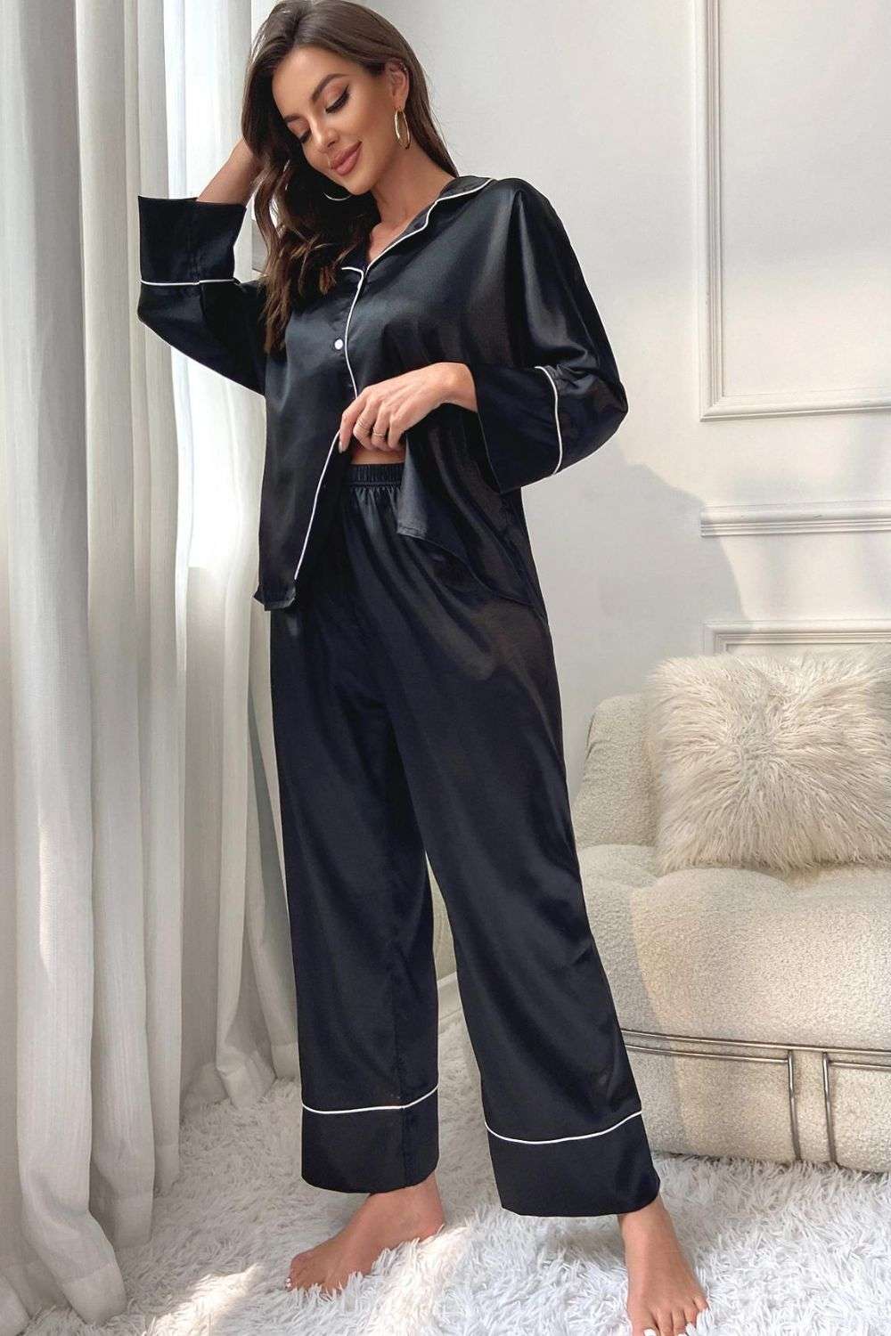 Contrast Piping Button-Up Top and Pants Pajama Set WESTCLOSET
