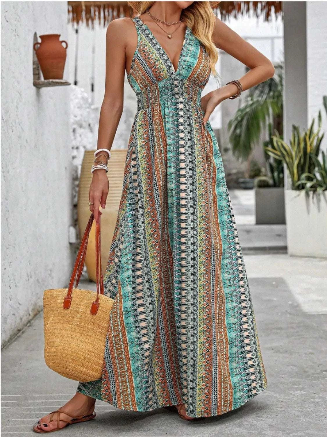 Tied Back Printed Sleeveless Maxi Slit Dress WESTCLOSET