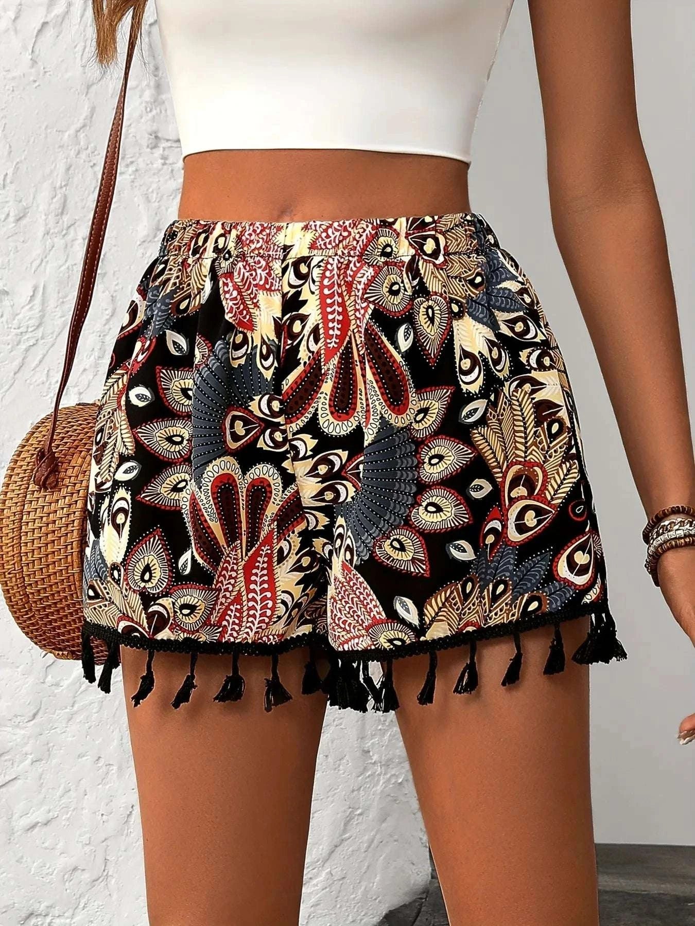 Paisley Print Tassel Hem Shorts WESTCLOSET
