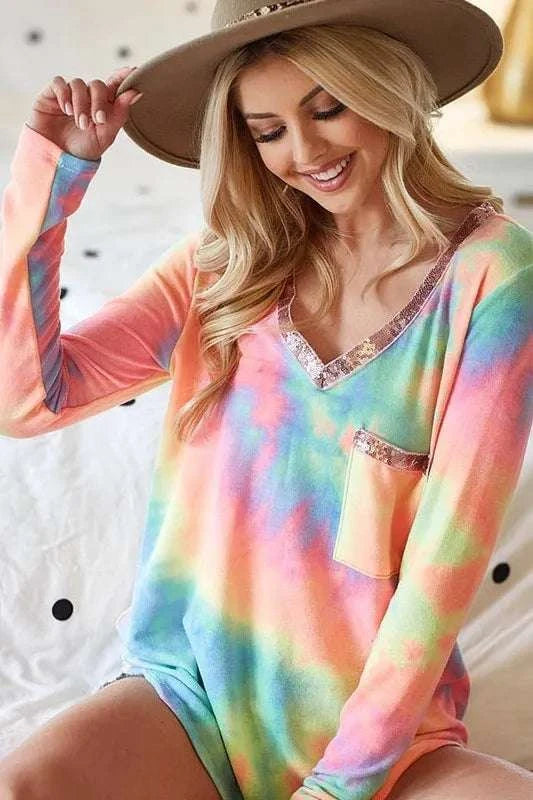BiBi Tie Dye V-neck Terry Knit Top With Sequins WESTCLOSET
