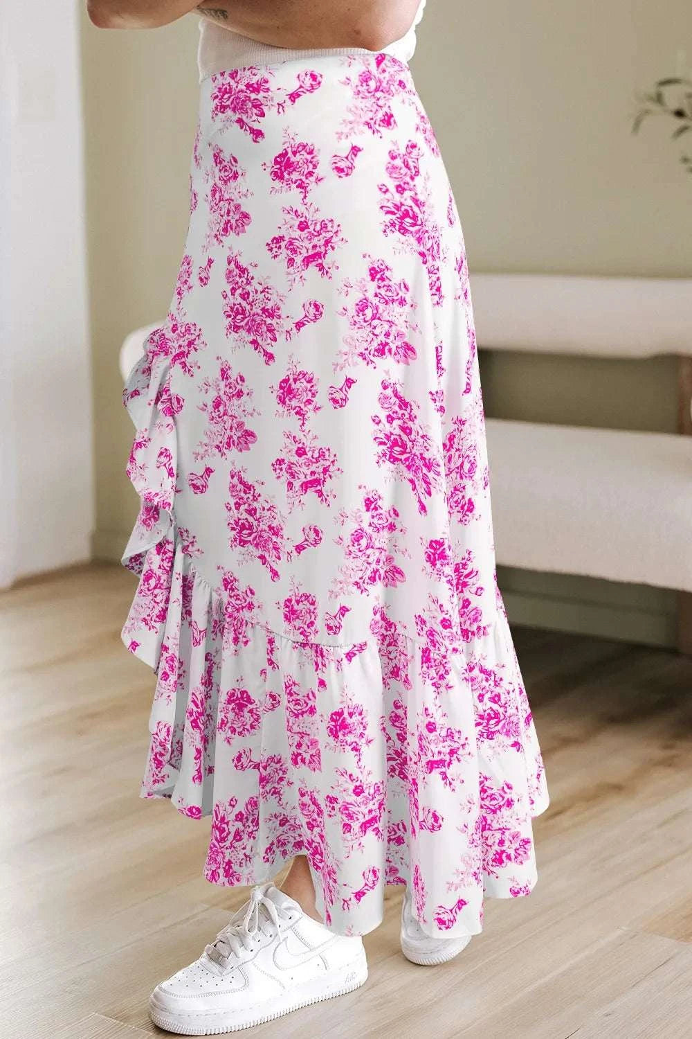 Boho Floral High Waist Ruffle Split Maxi Skirt WESTCLOSET