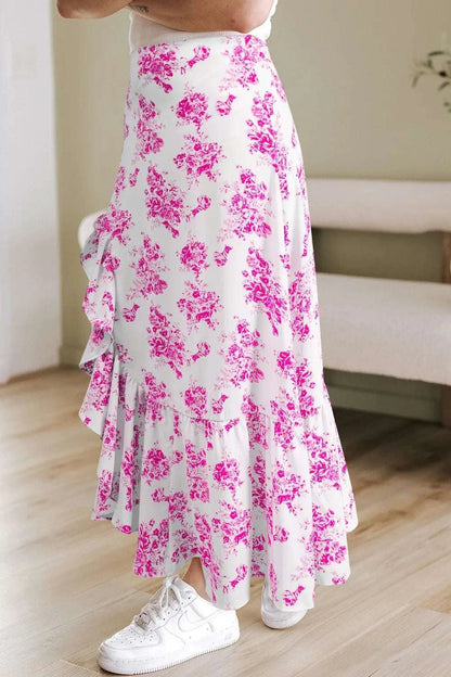 Boho Floral High Waist Ruffle Split Maxi Skirt WESTCLOSET