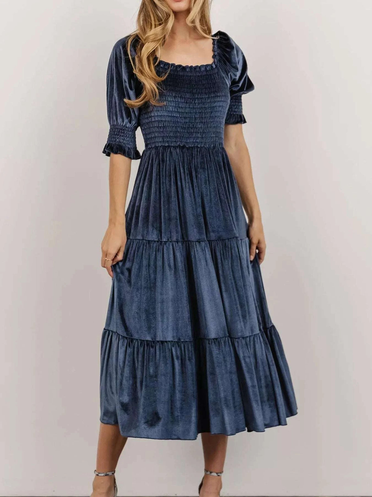 Velvet Smocked Tiered Midi Dress WESTCLOSET