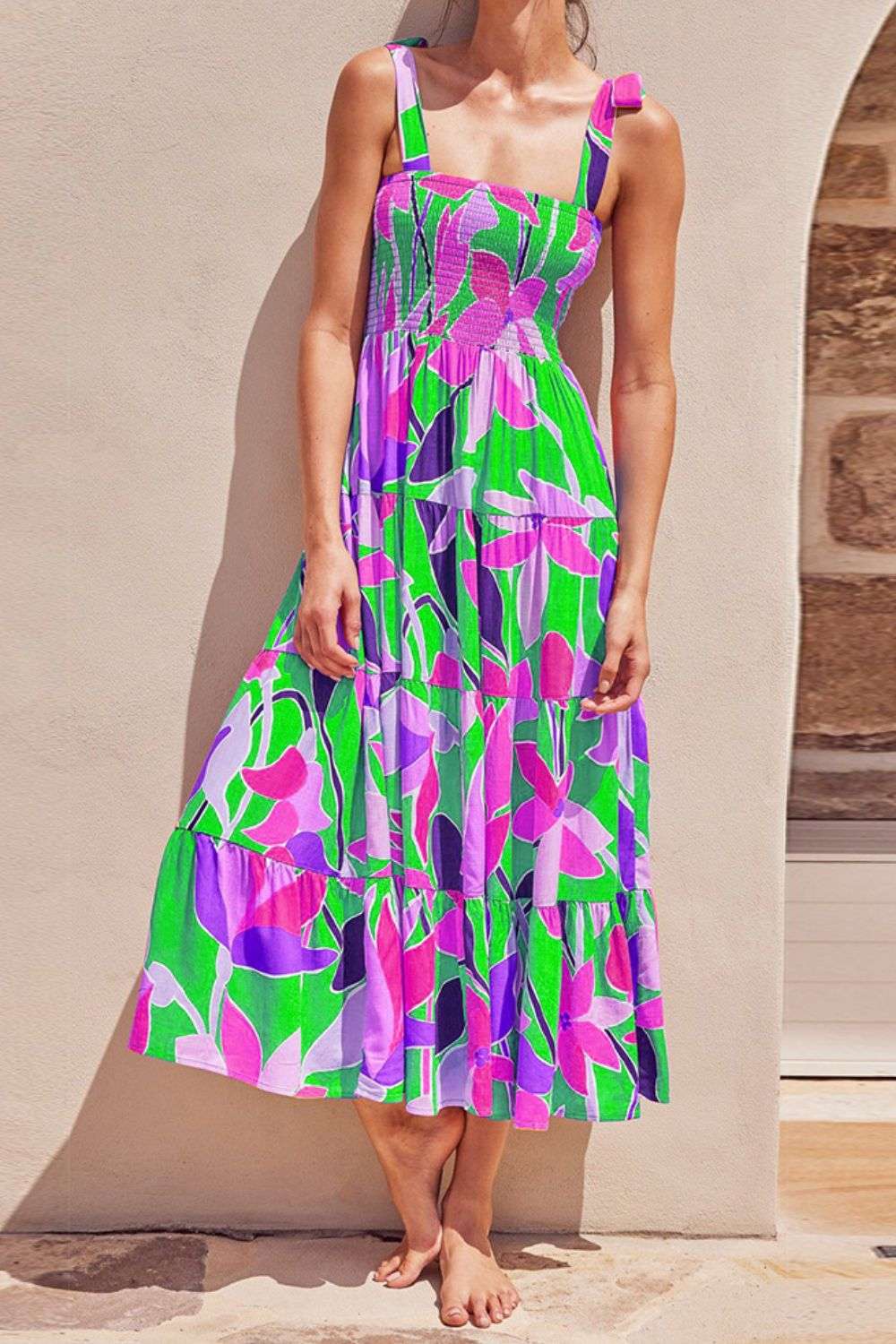 Floral Tie-Shoulder Smocked Midi Dress WESTCLOSET