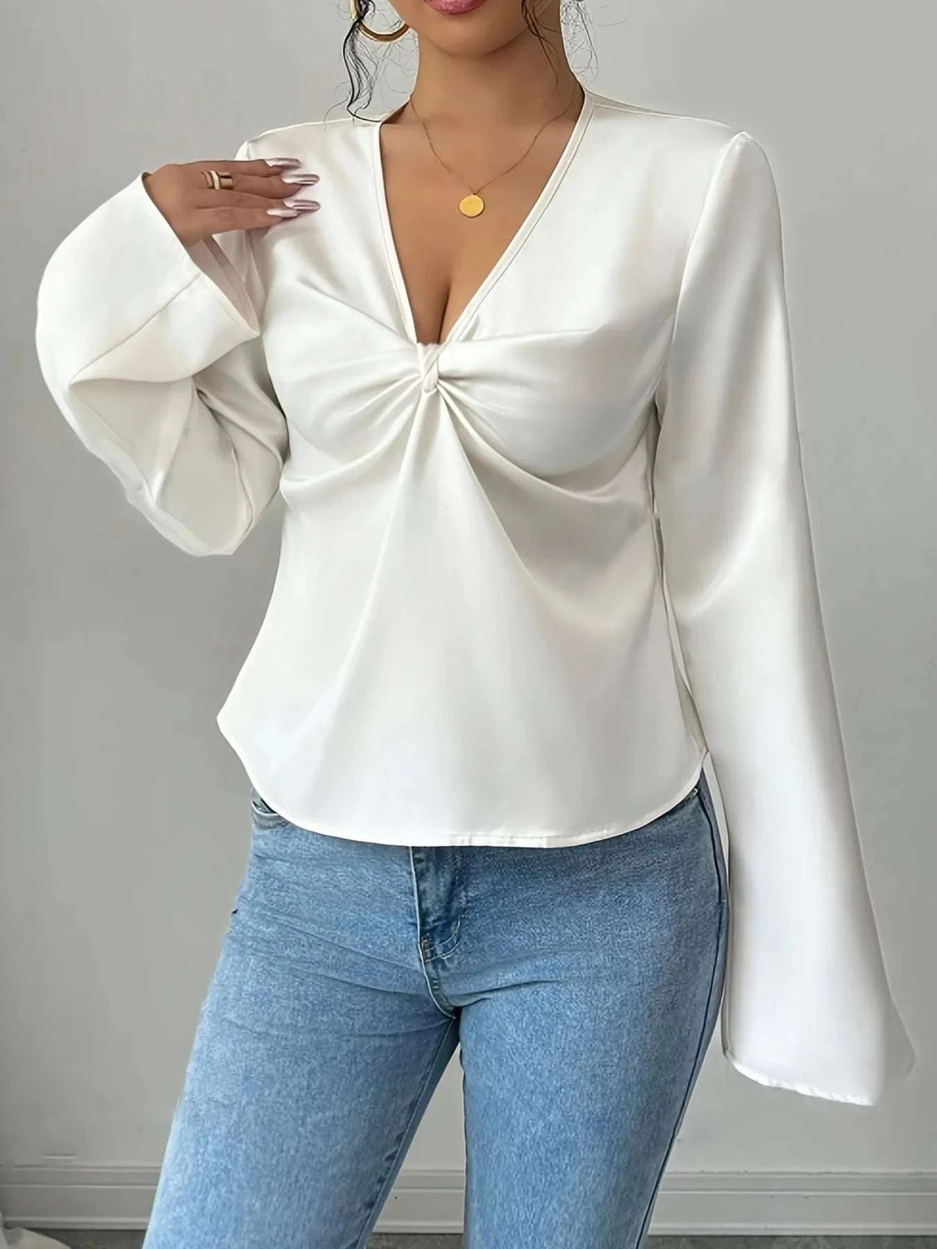 V-Neck Twist Front Long Sleeve Blouse WESTCLOSET