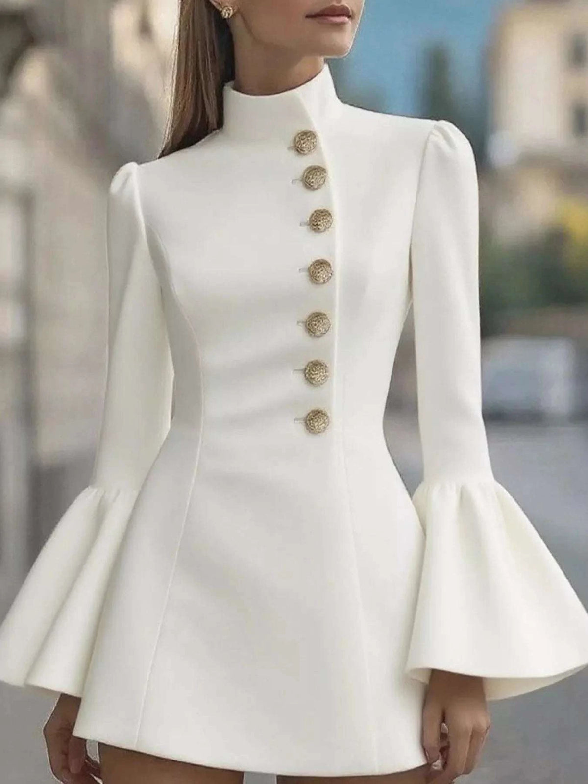 Bell Sleeve Mini Dress with Front Button WESTCLOSET