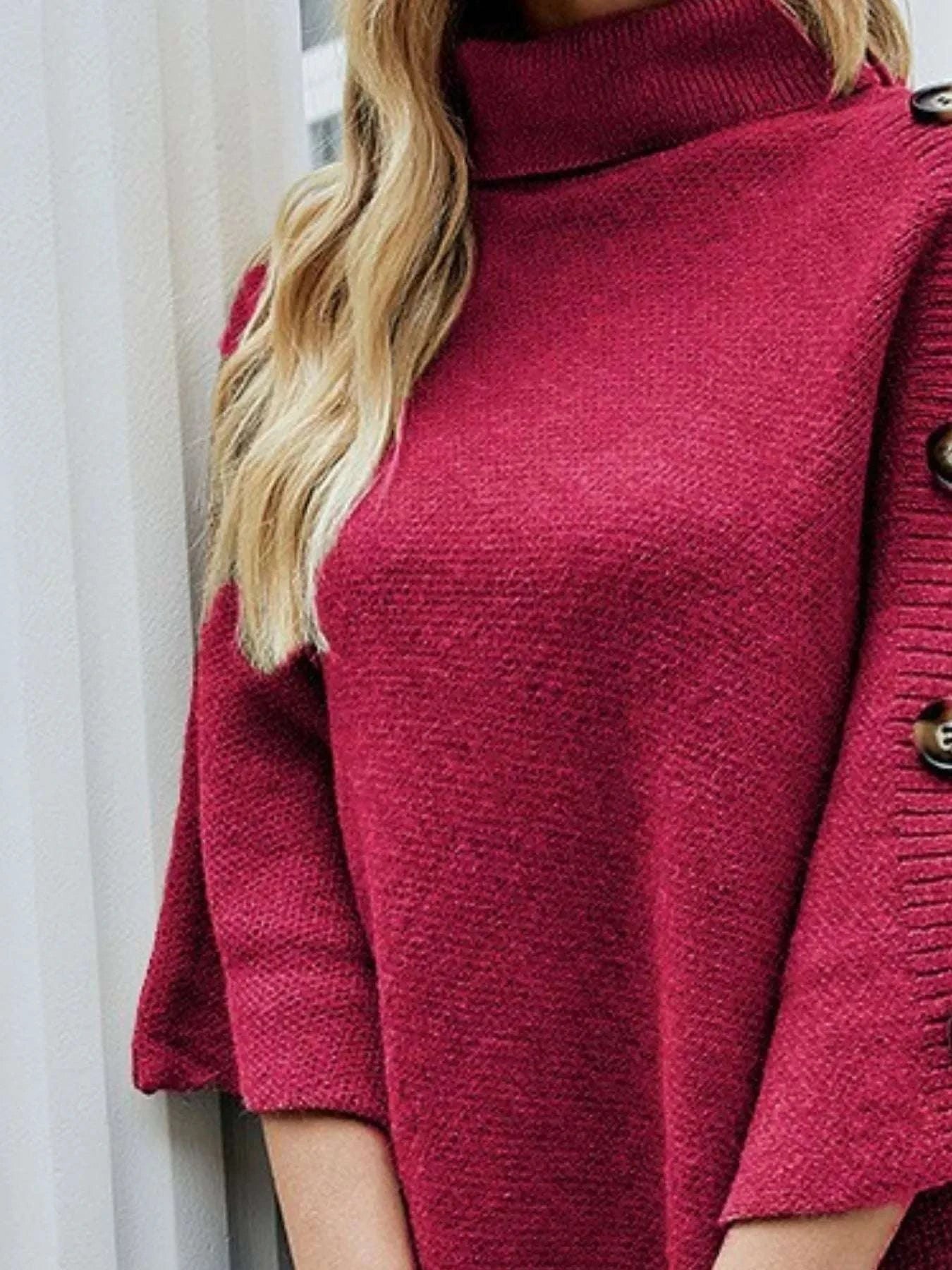 Button-Decor Turtleneck Poncho Pullover WESTCLOSET