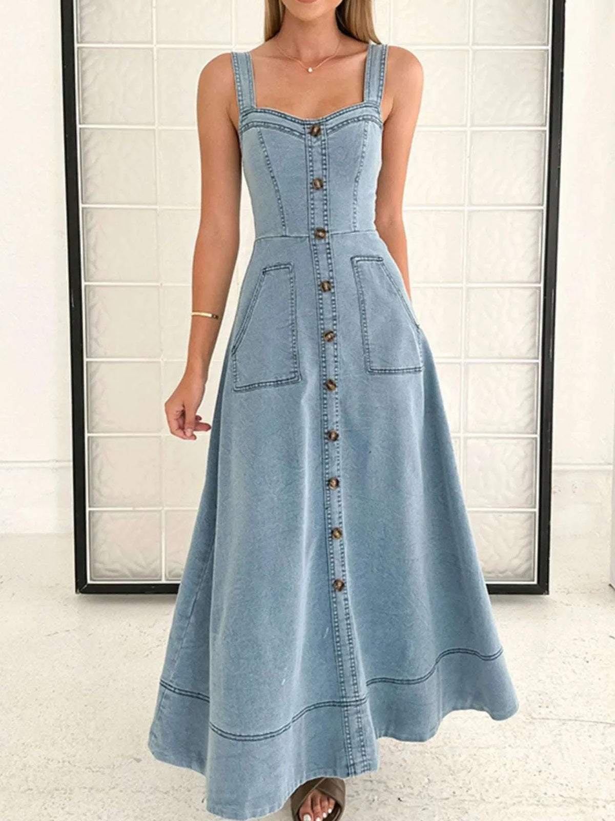 Wide Strap Sweetheart Neck Denim Dress WESTCLOSET