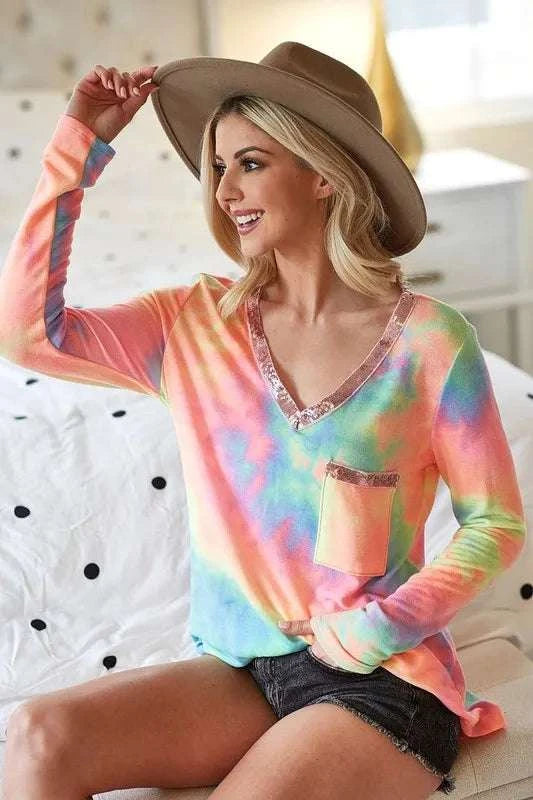 BiBi Tie Dye V-neck Terry Knit Top With Sequins WESTCLOSET