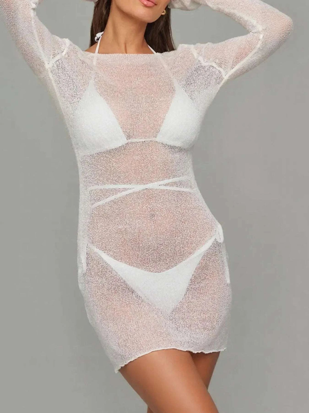 Sheer Backless Long Sleeve Mini Cover-Up Dress WESTCLOSET