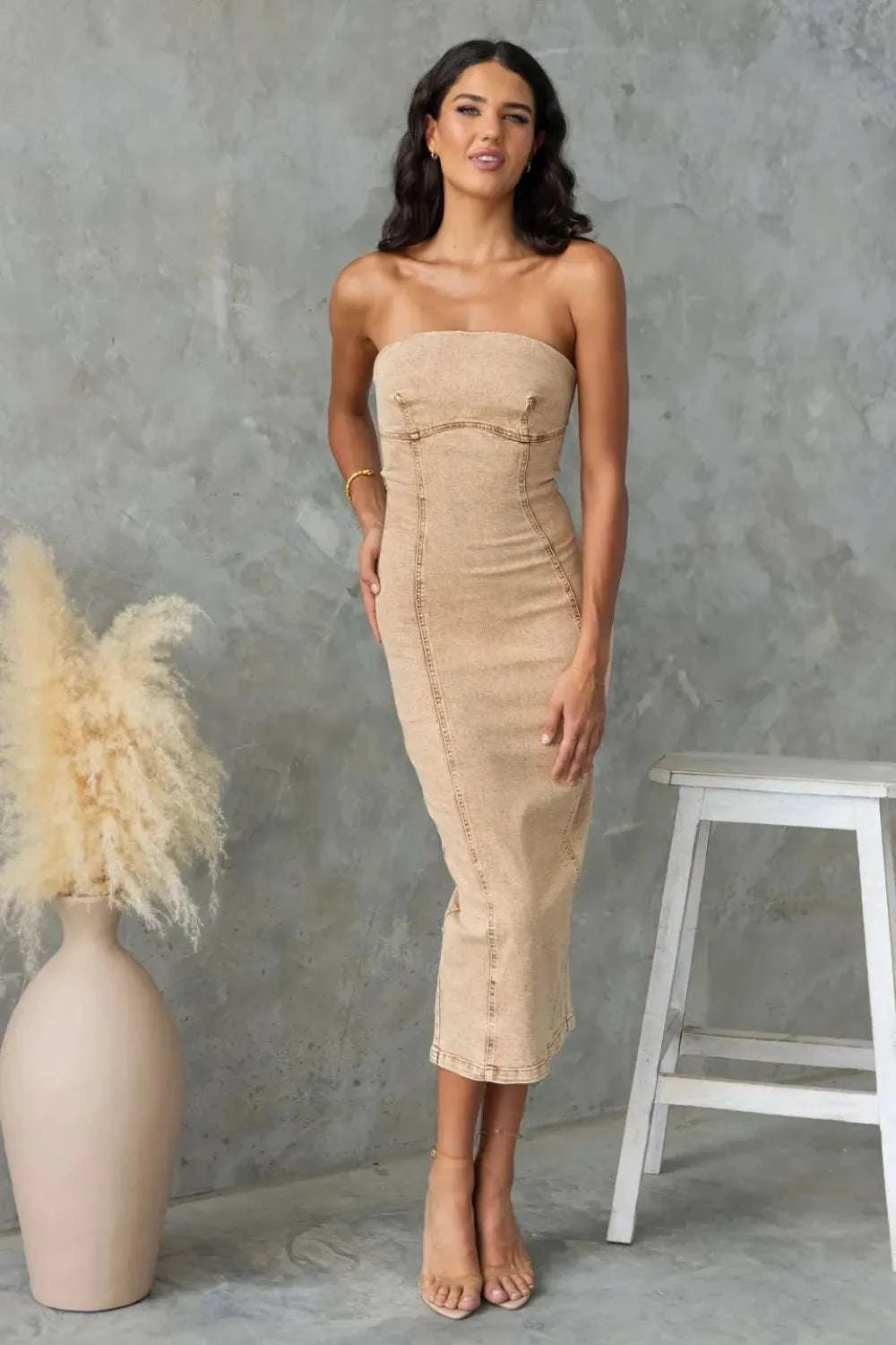 Washed Slit Back Tube Denim Dress WESTCLOSET