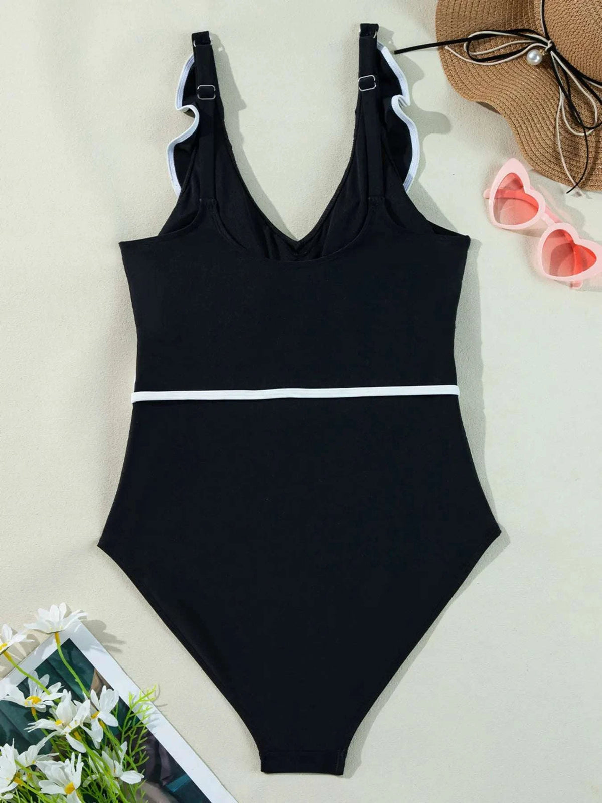 Ruffle Trim V-Neck One-Piece Swimsuit WESTCLOSET
