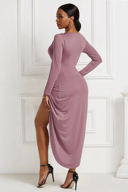 High-low Ruched Surplice Long Sleeve Dress