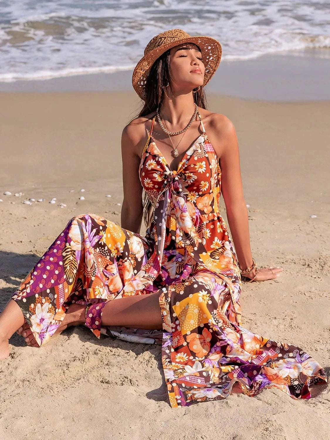 Slit Printed Halter Neck Cami Dress WESTCLOSET