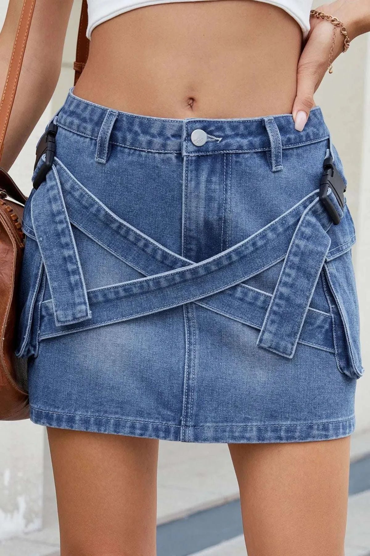 Criss-Cross Waist Detail Denim Mini Skirt WESTCLOSET